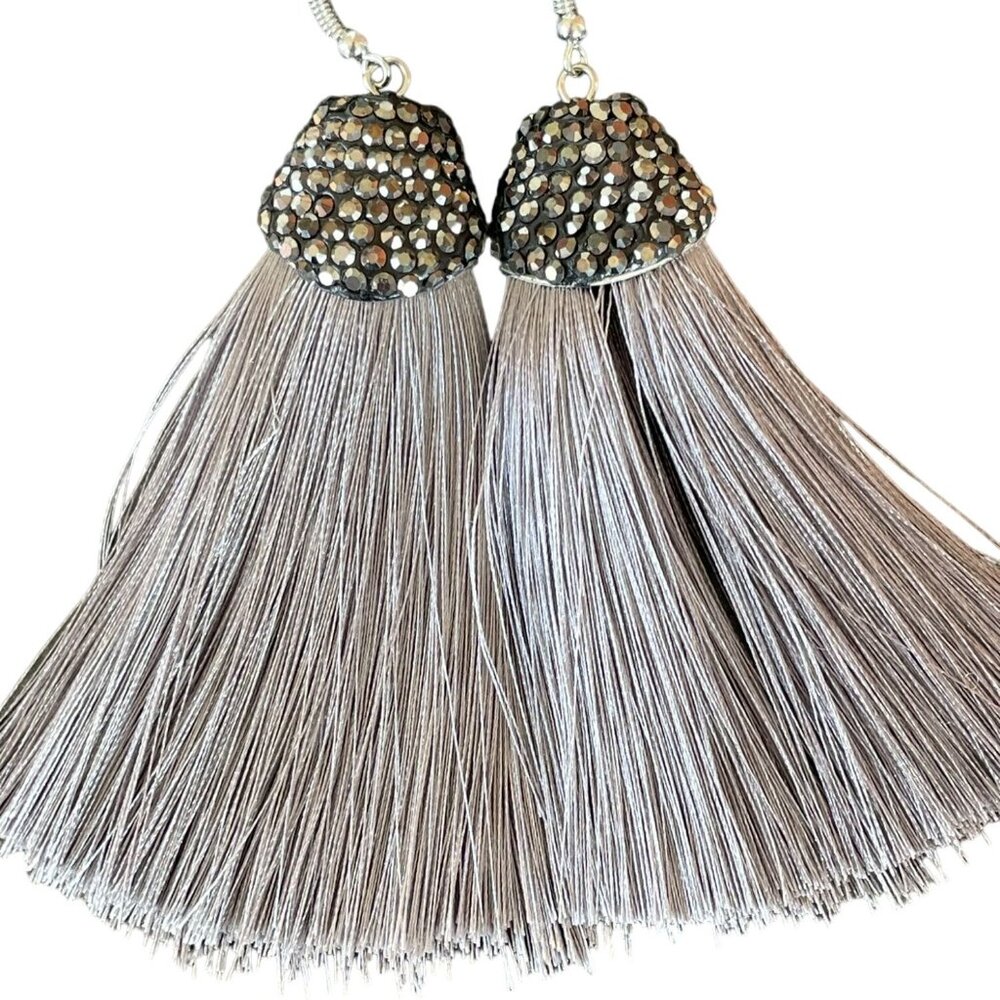 Silver Rhinestone Tassel Earrings Razzle Riot - Picture 2 of 6